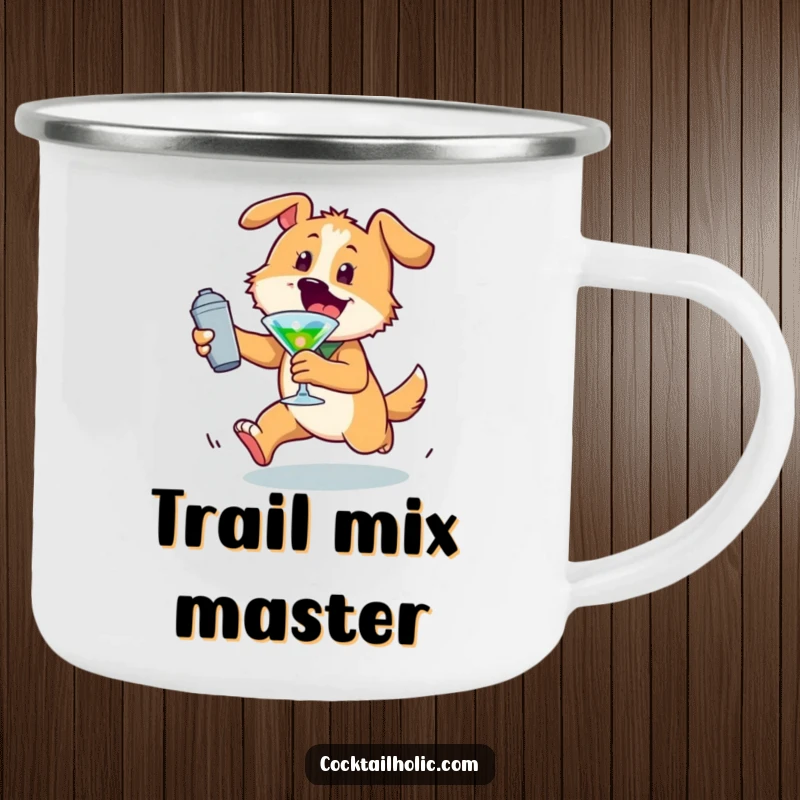 Funny dog camping mug with an energetic character chasing a cocktail shaker, perfect for outdoor drinks and playful humor.