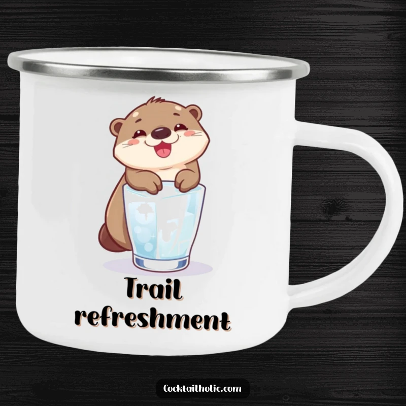 Funny otter grinning while sliding down an ice cube into a glass, on a durable camping mug.