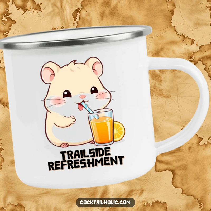 Funny cartoon hamster character sipping a bright drink from a tiny straw, printed on a sturdy enamel camping mug.