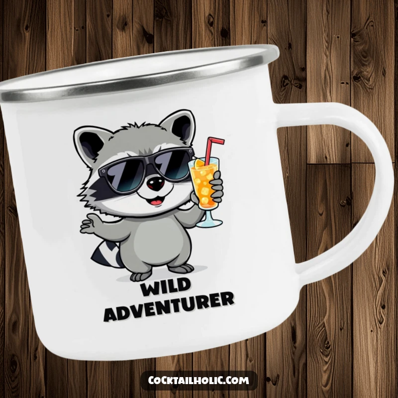 Funny raccoon in sunglasses holding a cocktail with a smirk, on a durable camping mug, for outdoor enjoyment.
