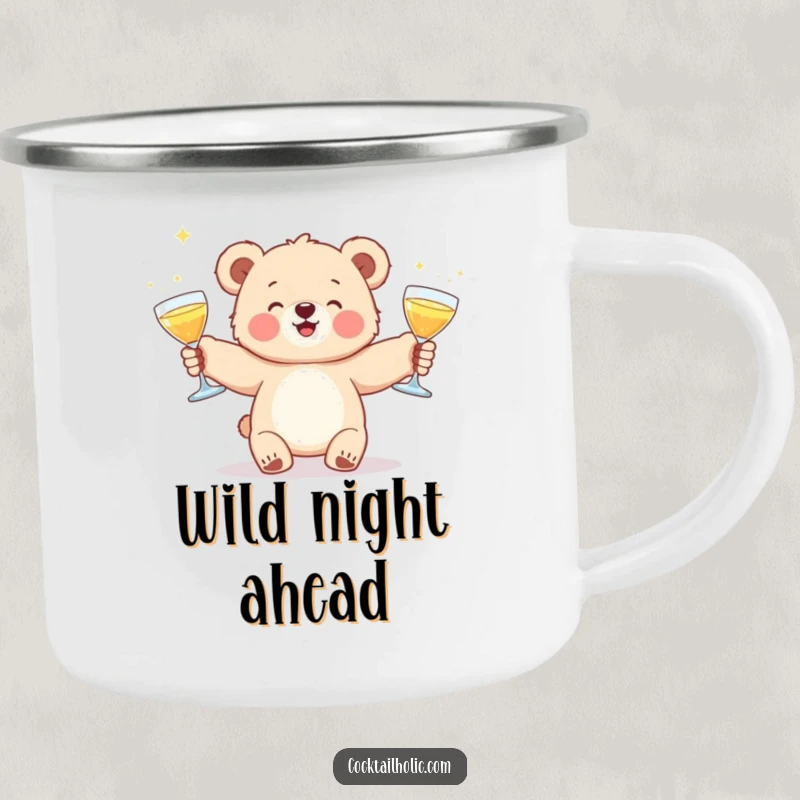 Funny camping mug showing a bear cub juggling cocktails, ideal for outdoor enthusiasts who enjoy humor.