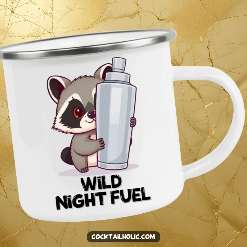 Funny camping mug showing a mischievous raccoon peeking from a cocktail shaker, perfect for outdoor fun and humor.