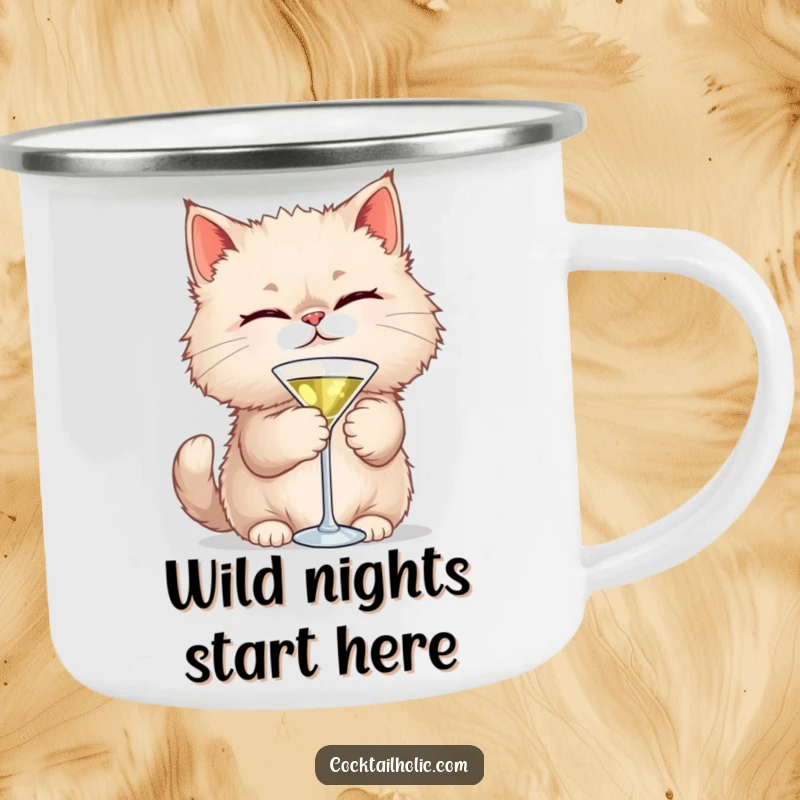 Funny Cat Martini Enamel Mug: A winking cat holds a martini, bringing humor and durability to your outdoor beverage experience.