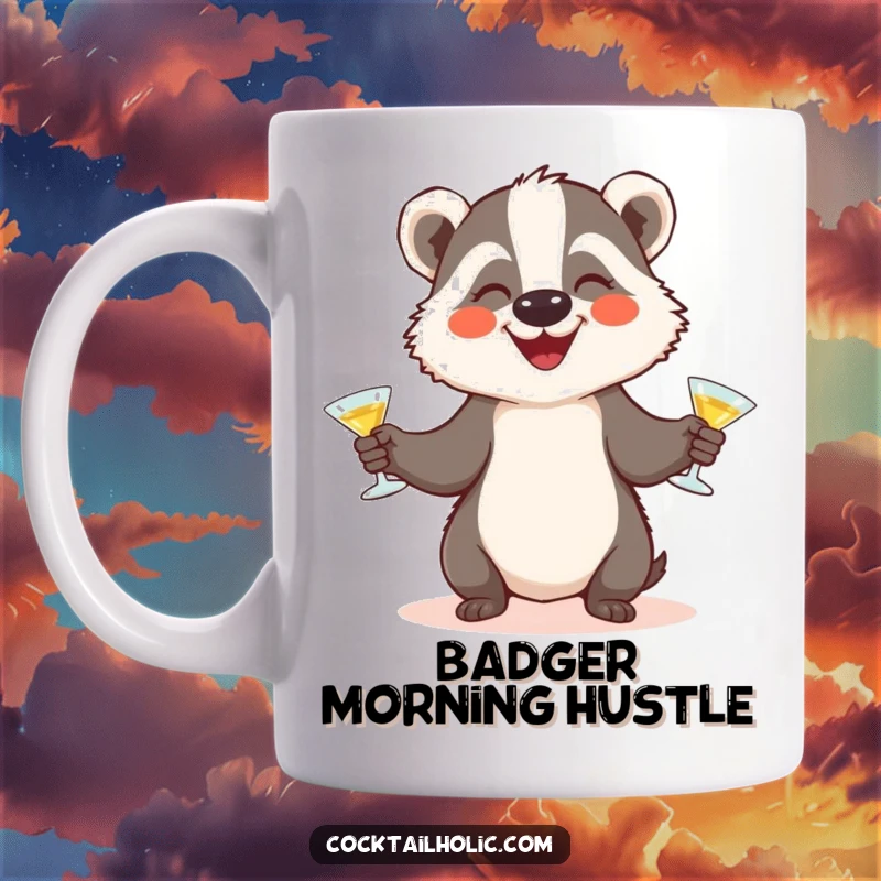 Funny badger mug showing a happy badger character skillfully juggling three small cocktail glasses with a wide smile, embodying joy.