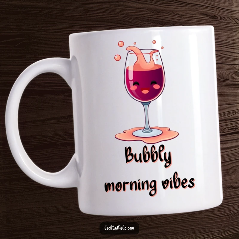 Funny happy wine glass character comically overflowing with bubbly liquid, spilling contents with pure glee on this mug.