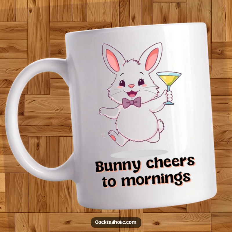 Funny mug featuring a fluffy white bunny in a bowtie, gleefully hopping while holding a miniature martini glass, ready for cocktails.