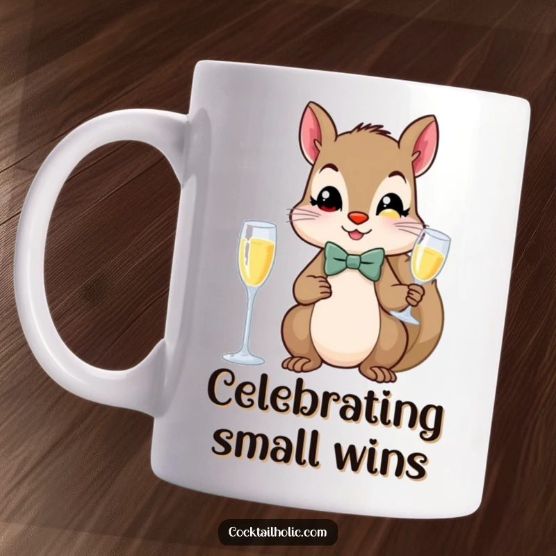 Funny squirrel wearing a bow tie, holding a champagne flute, on a mug, for fancy occasions.
