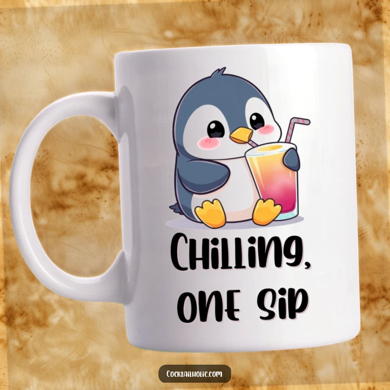 Funny Penguin Sipping Mug: A plump penguin happily sipping a colorful drink, radiating pure joy and cuteness, perfect for a cheerful morning.