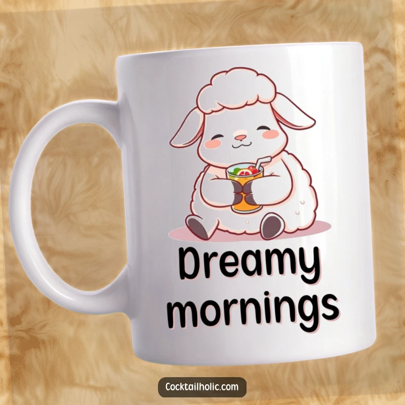 Funny Sheep Mug: Contented sheep relaxing with a small, fruity beverage, a humorous and peaceful gift.