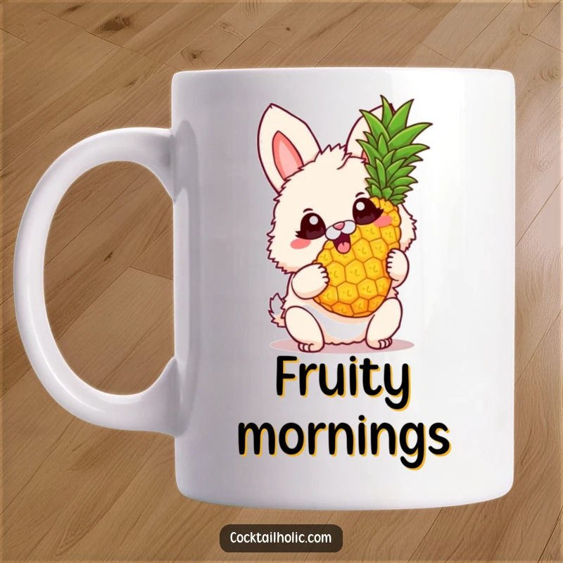 Funny Mug featuring a fluffy bunny with big, excited eyes, joyfully holding and twirling a pineapple, radiating tropical happiness.