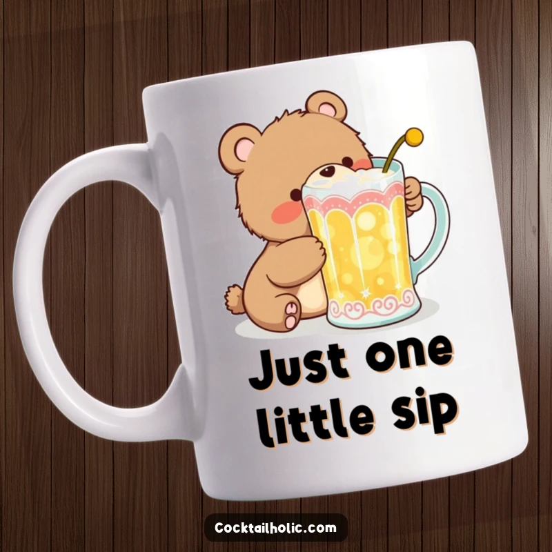 Funny Mug featuring a giggling bear cub attempting to sneak a sip from a large, decorative cocktail mug with wide eyes.