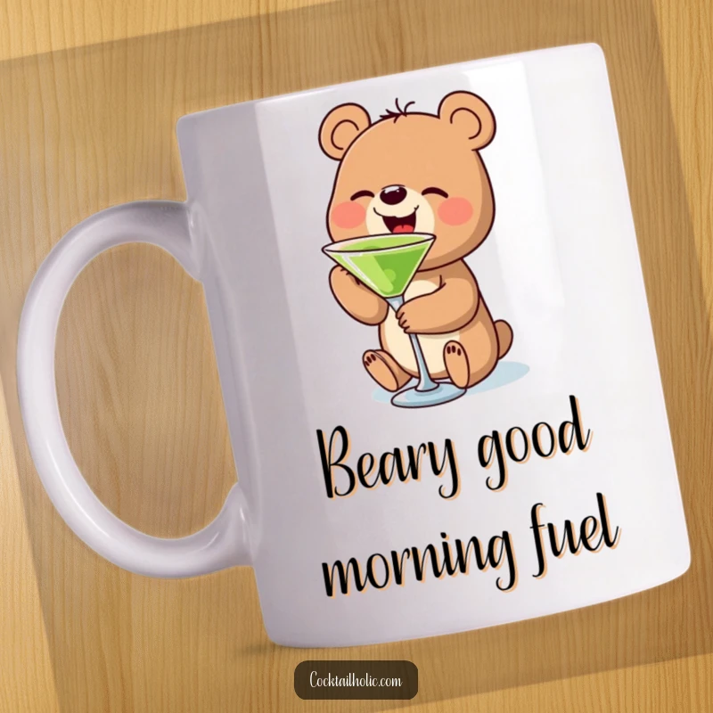 Funny bear mug with a tiny bear character gleefully sipping from a small martini glass, looking sophisticated and happy.