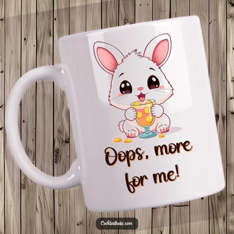 Funny bunny mug featuring a fluffy cartoon character with huge eyes gleefully spilling a cocktail, perfect for gifting.