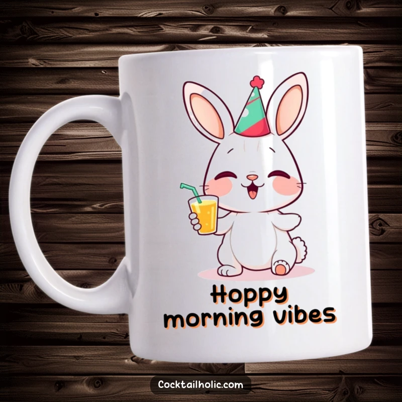 Funny bunny mug with a giggling bunny character wearing a small party hat and holding a drink, exuding pure joy.