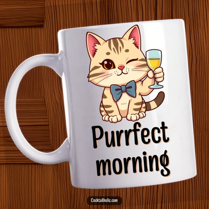 Funny stylish cat wearing a bow tie, raising a glass, and winking confidently, on a mug.