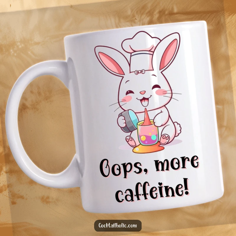 Funny mug with a cheerful bunny in a chef hat accidentally spilling colorful liquid from a shaker, mid-cooking chaos.