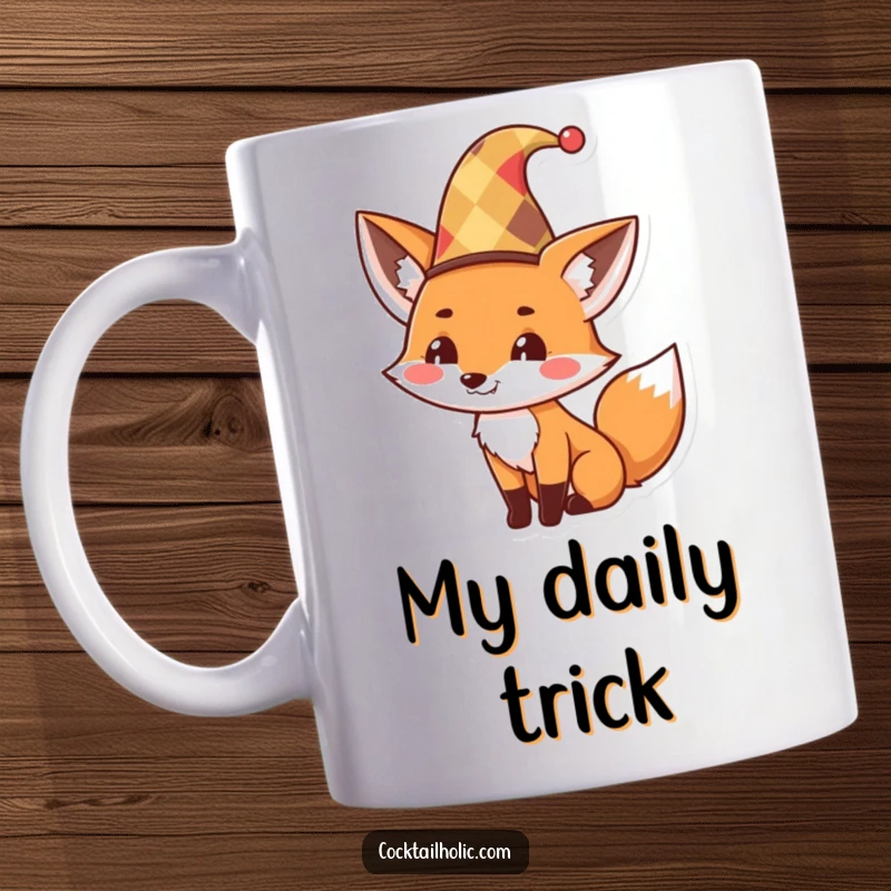 Funny Mug featuring a cute fox in a jester hat, tipping it with a sly, mischievous grin, embodying playful mischief and charm.