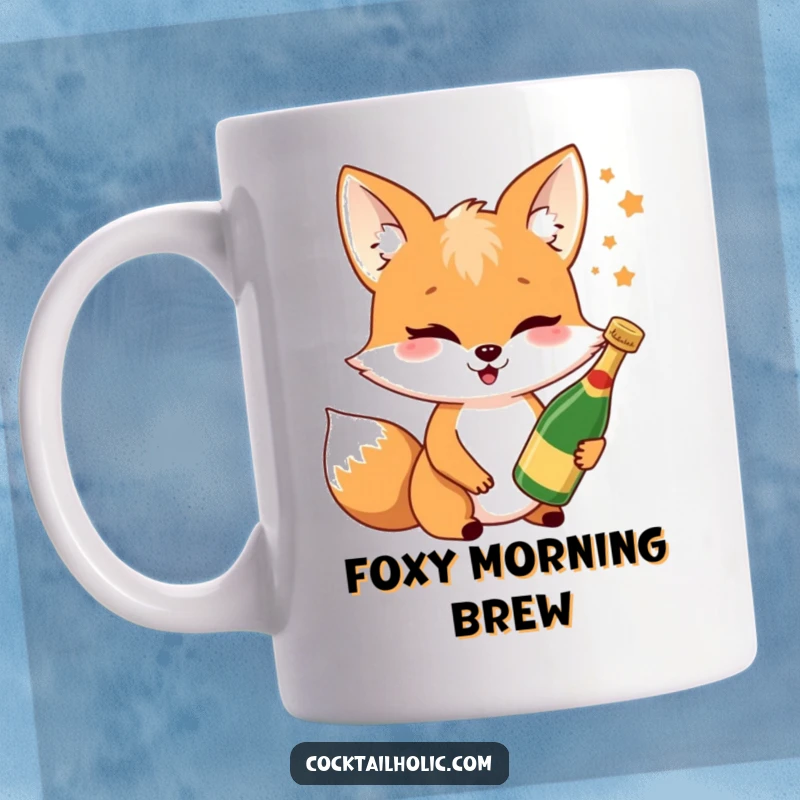 Funny fox mug with a cheerful fox character winking mischievously while holding a tiny champagne bottle, ready to celebrate.