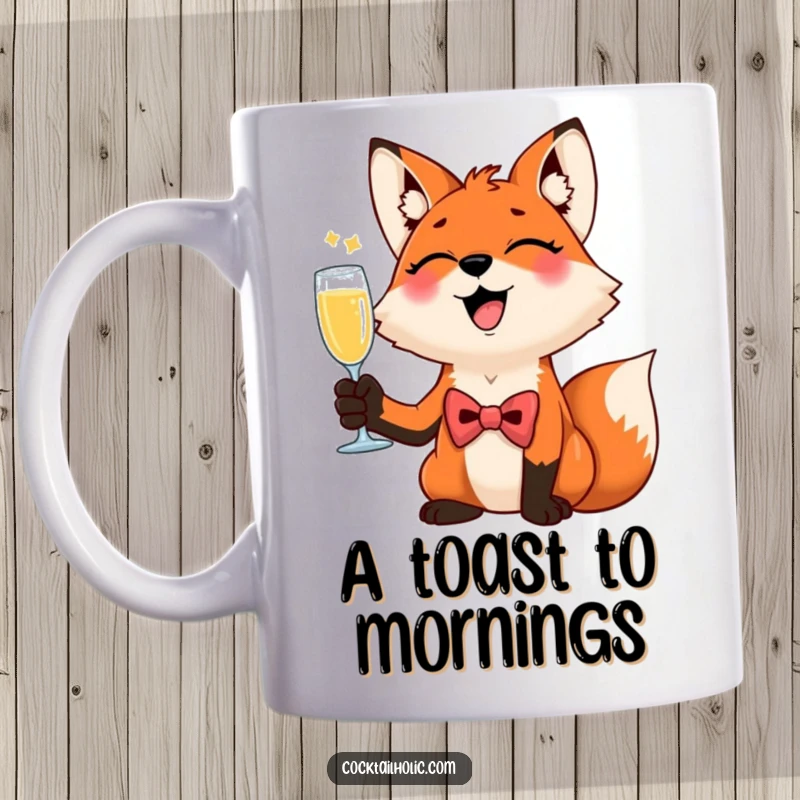 Funny Giggling Fox Champagne Mug: A dapper fox in a bow tie giggles while raising a tiny champagne flute, exuding playful celebration.