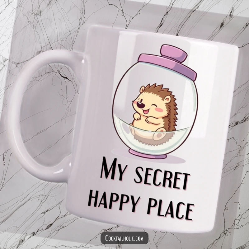 Funny hedgehog mug, giggling and rolling inside a giant cocktail shaker, depicting pure, unadulterated, chaotic fun.