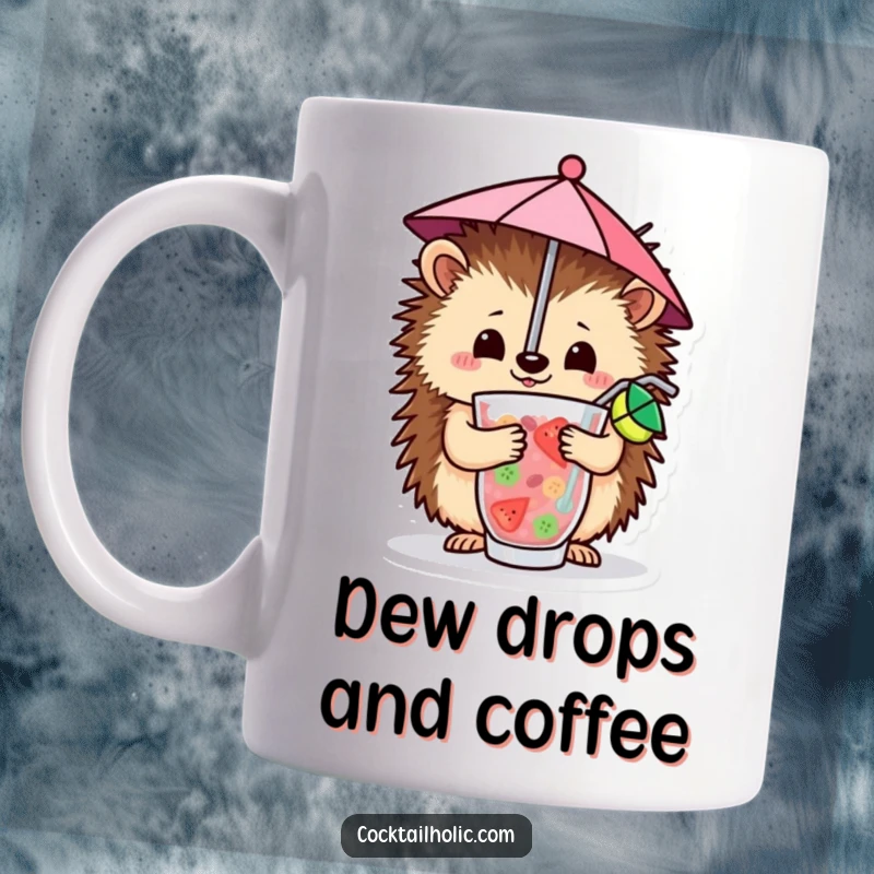Funny Mug featuring a cheerful hedgehog balancing a tiny umbrella inside a colorful, fruity drink, bringing tropical vibes.