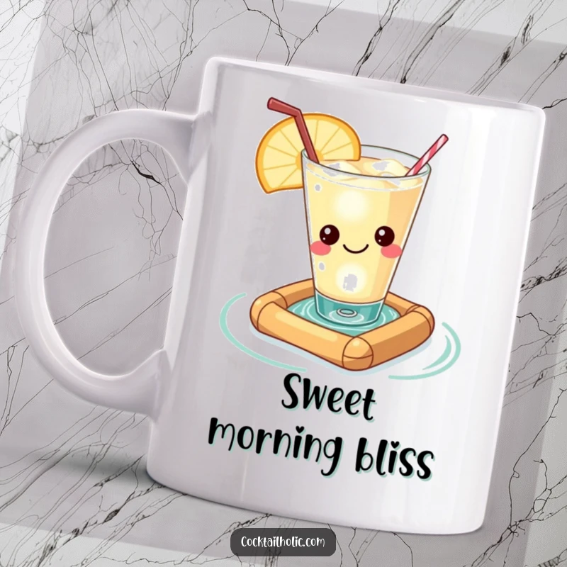 Funny Kawaii cocktail glass with a contented smile, relaxing peacefully on a miniature raft, a humorous and tranquil mug.