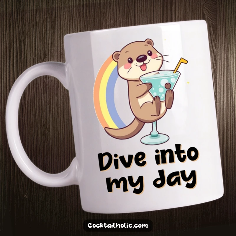 Funny otter character joyfully sliding down a vibrant rainbow into a glass filled with bubbly cocktail.