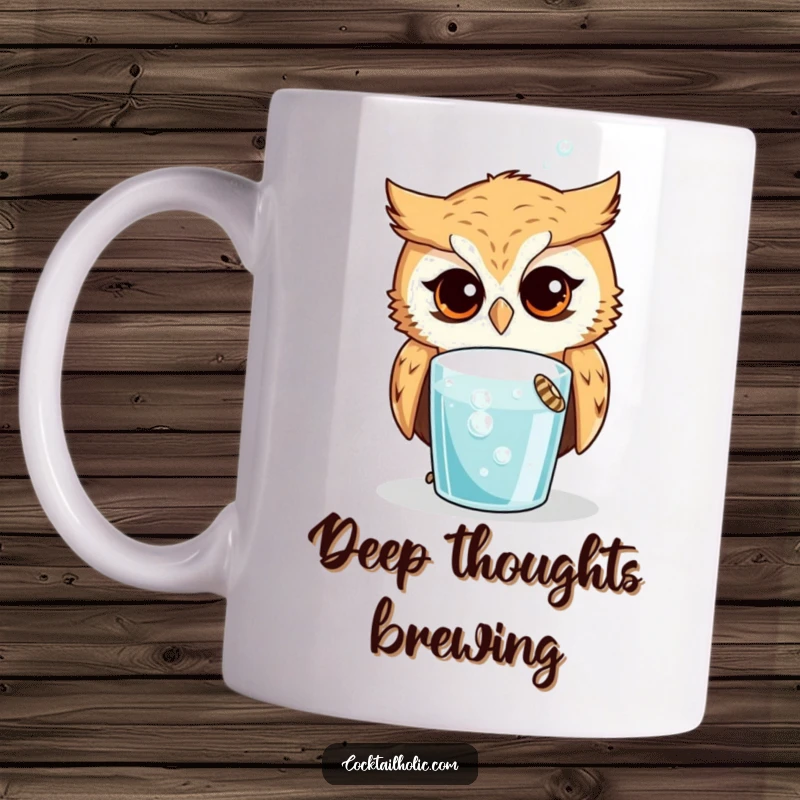 Funny Owl Mug: Curious owl looking intently at a bubbling drink, a wise and humorous gift for beverage lovers.