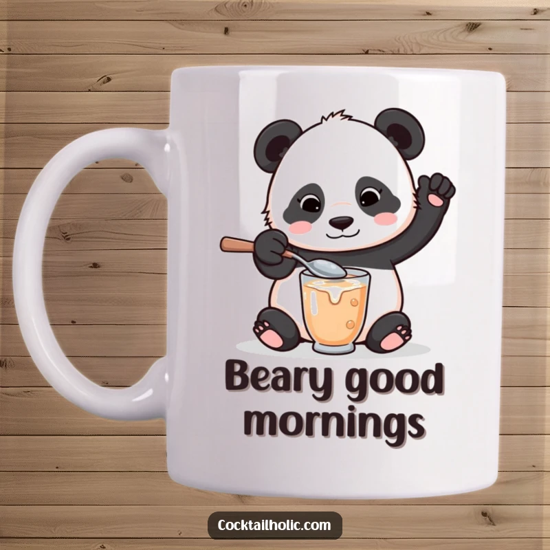 Funny mug featuring a playful panda bear with a giant spoon, comically mixing a drink and spilling a little.