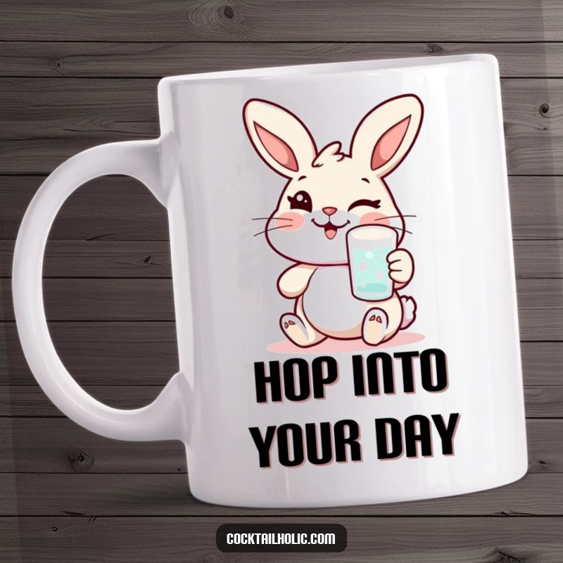 Funny rabbit mug with a cheerful character winking while holding a frosted glass, embodying playful charm and humor.