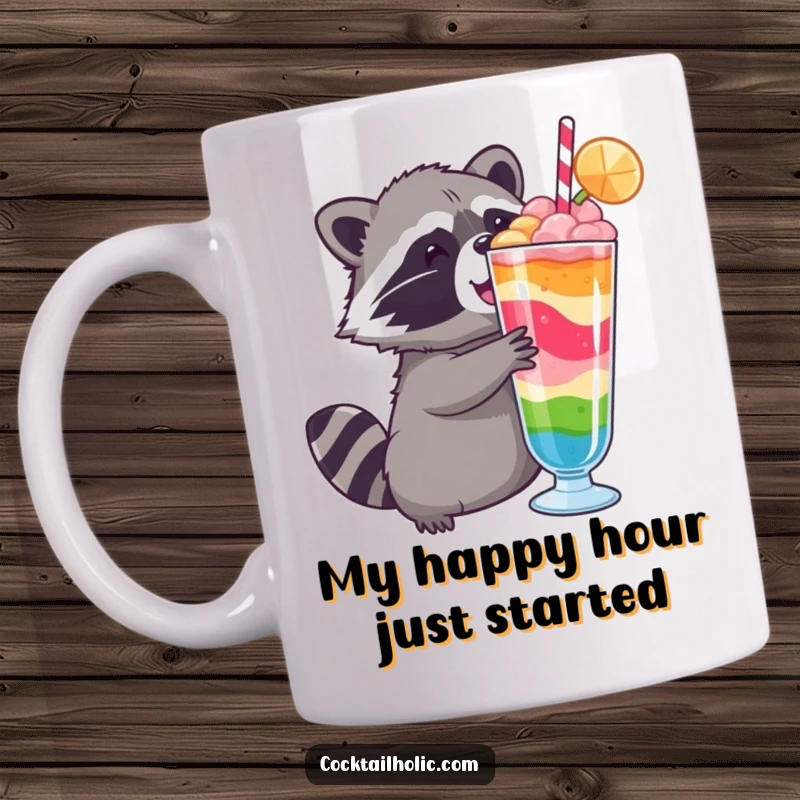 Funny raccoon mug, eagerly reaching for a vibrant layered cocktail, capturing a moment of pure, humorous desire.
