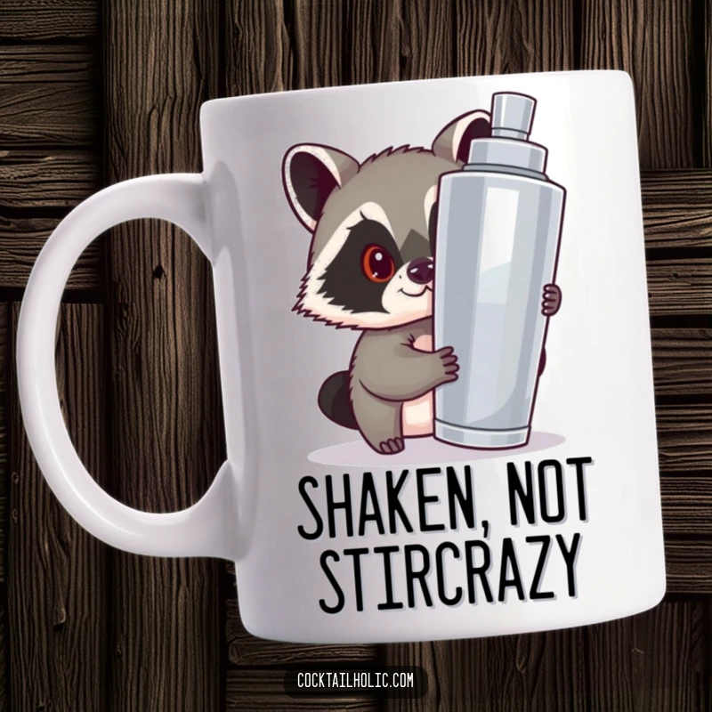 Funny mug featuring a mischievous raccoon peeking from behind a giant cocktail shaker, hinting at playful secrets.