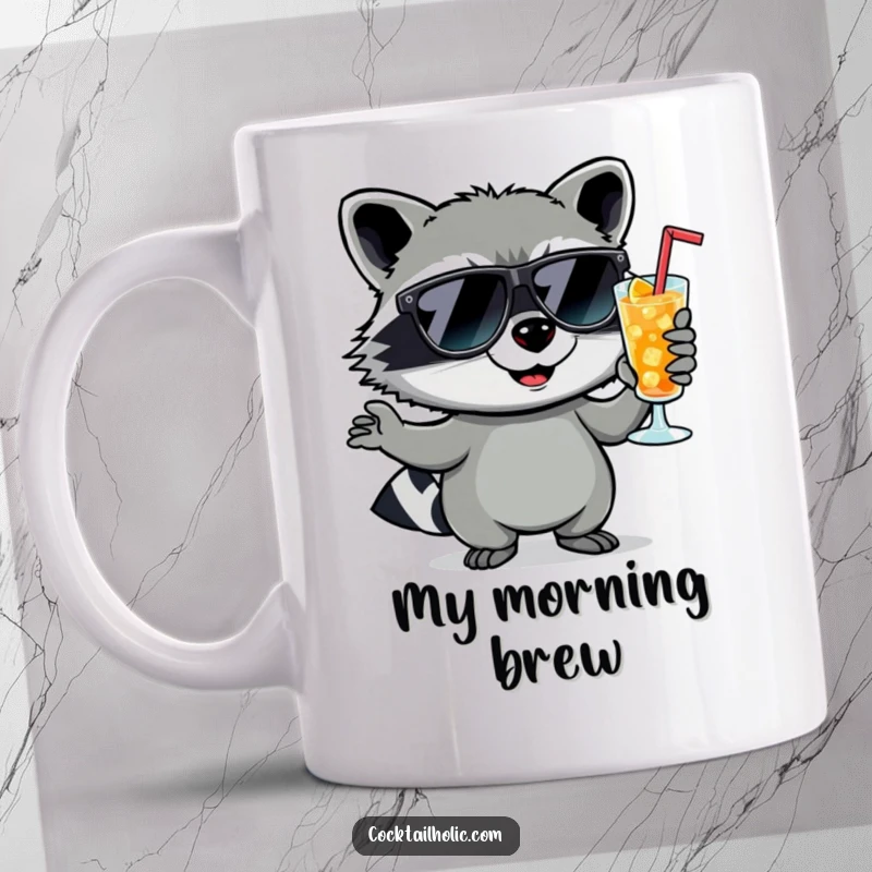 Funny raccoon wearing sunglasses, holding a cocktail with a smirk, on a mug, ready to party.