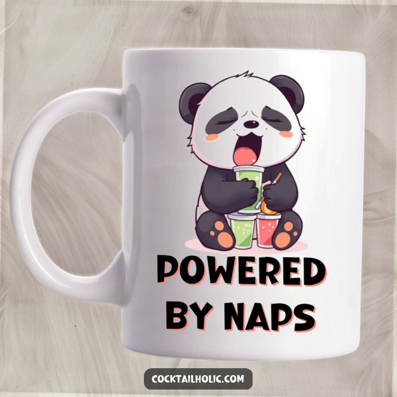 Funny Sleepy Panda Drink Mug: A tired panda yawns while precariously balancing mini drinks, embodying relatable fatigue and humor.