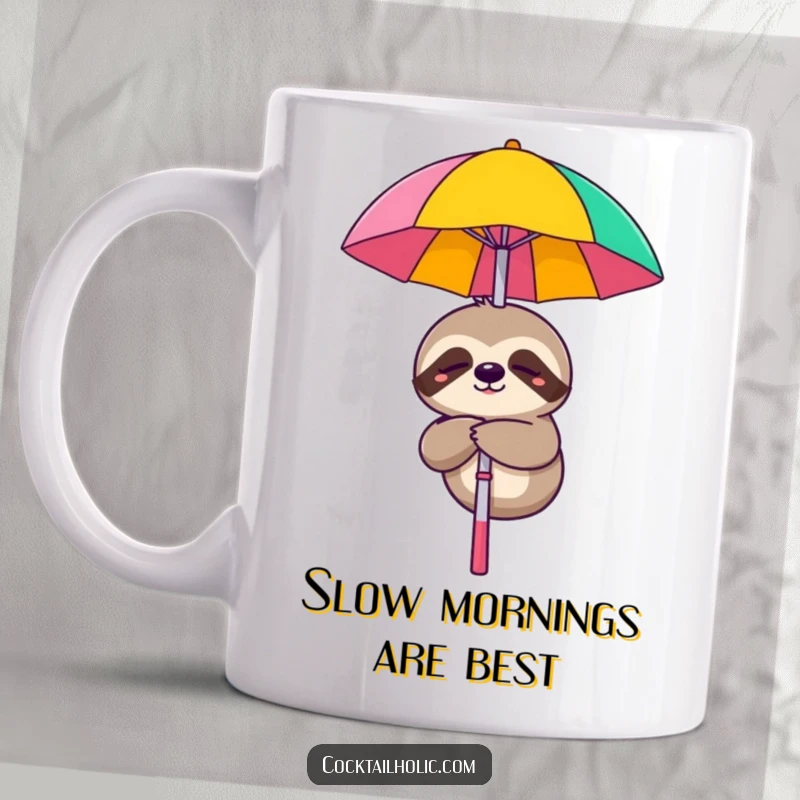 Funny sloth mug showing a sleepy character smiling while dangling from a cocktail umbrella, perfect for relaxation.