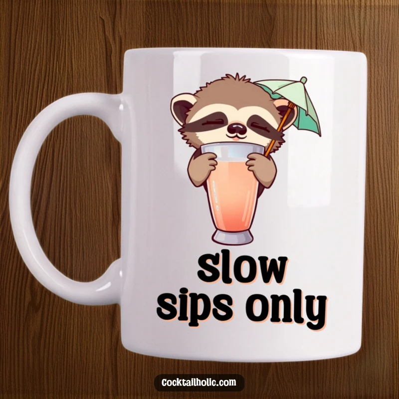Funny mug featuring a sleepy sloth peeking from behind a cocktail shaker, holding a tiny umbrella, embodying relaxed vibes.