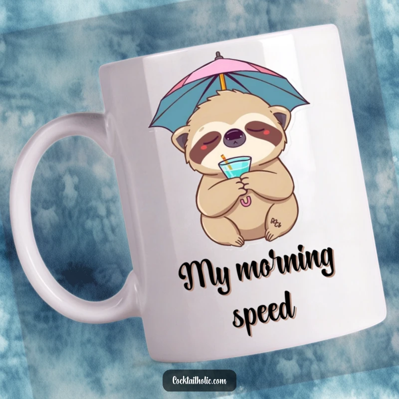 Funny sloth mug featuring a drowsy character with a cocktail umbrella in its fur, embodying ultimate relaxation and humor.