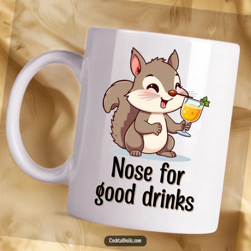 Funny Squirrel Cocktail Mug: A mischievous squirrel skillfully balancing a cocktail on its nose, showcasing impressive, humorous dexterity for fun.