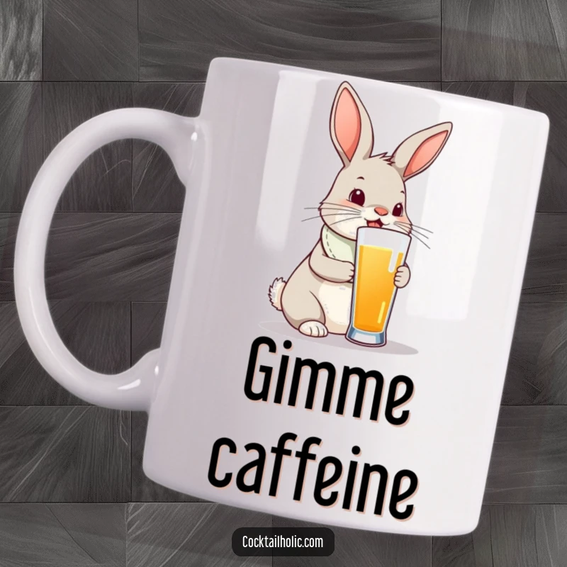 Funny bunny rabbit wearing a tiny bib, attempting to drink from a ridiculously tall glass, on a mug.