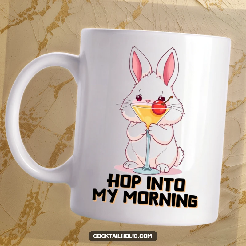 Funny fluffy bunny mug holding a martini glass with a cherry, a cute and humorous gift for party lovers.