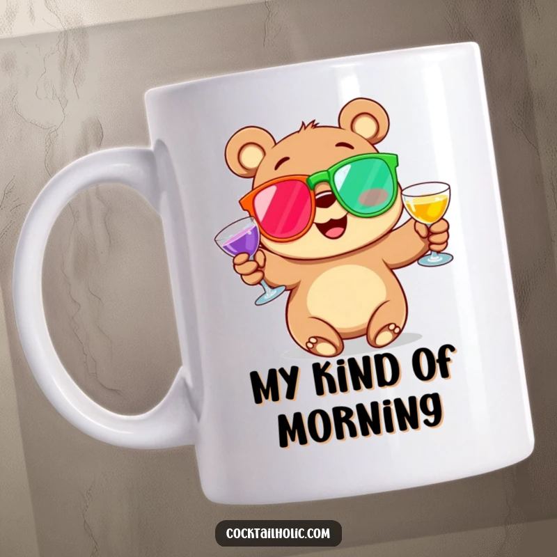 Funny Mug featuring a happy cartoon bear with rosy cheeks, skillfully juggling oversized, colorful cocktail glasses, radiating pure joy and party vibes.