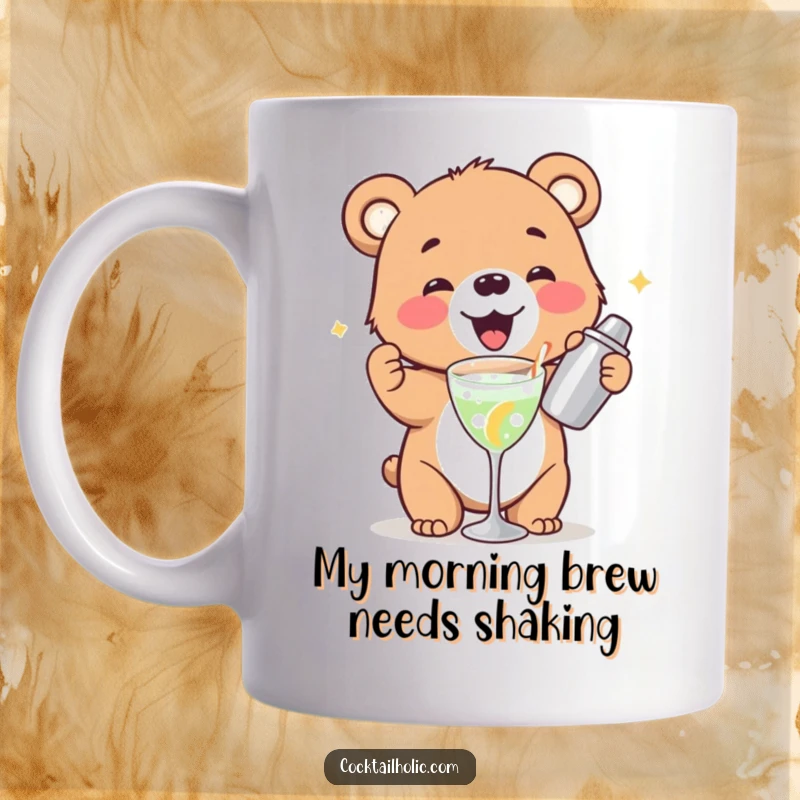 Funny bear cub mug gleefully shaking a cocktail shaker, a cute and humorous gift for cocktail lovers.