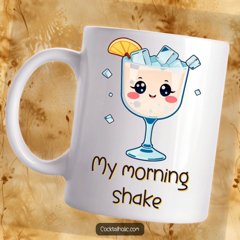 Funny mug showcasing a kawaii cocktail glass with cheerful eyes, comically juggling small ice cubes, a fun and festive design.