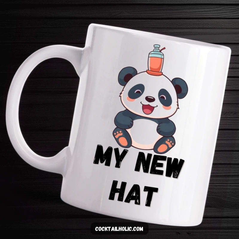 Funny delighted panda mug, precariously balancing a tiny cocktail shaker atop its head with a blissful expression.