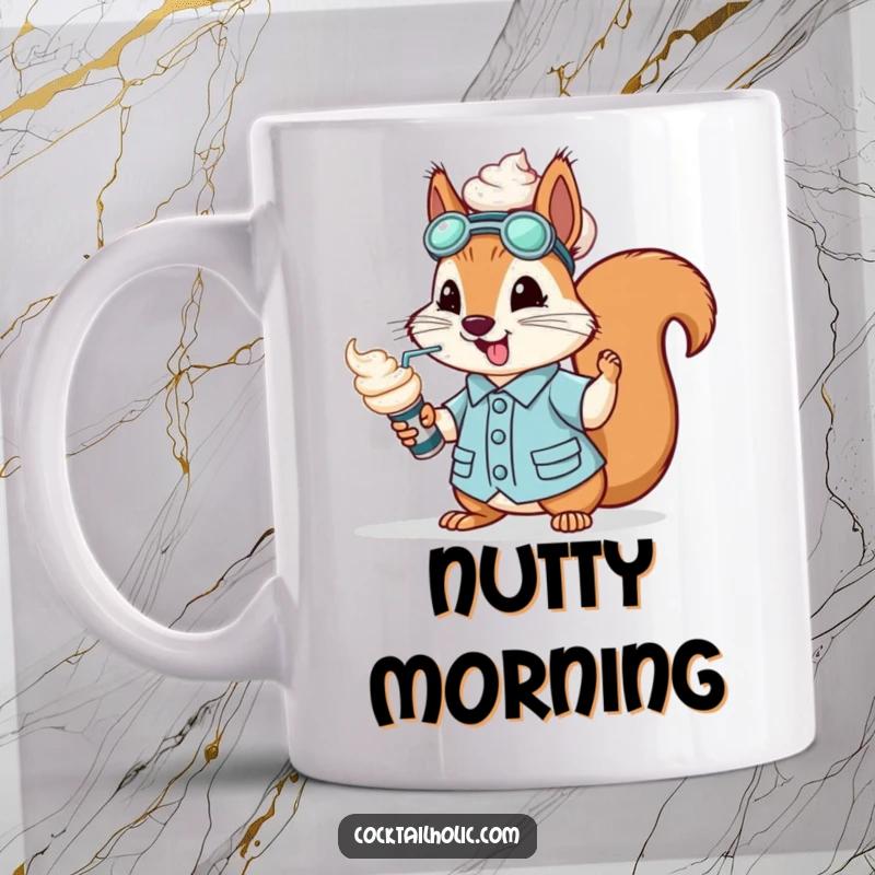 Funny bouncy squirrel dressed as a mixologist, spraying whipped cream from a can, on a mug.