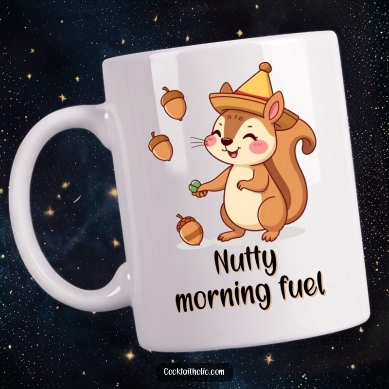 Funny squirrel mug featuring a cheerful character in a sombrero juggling acorns, perfect for a fun-loving gift.