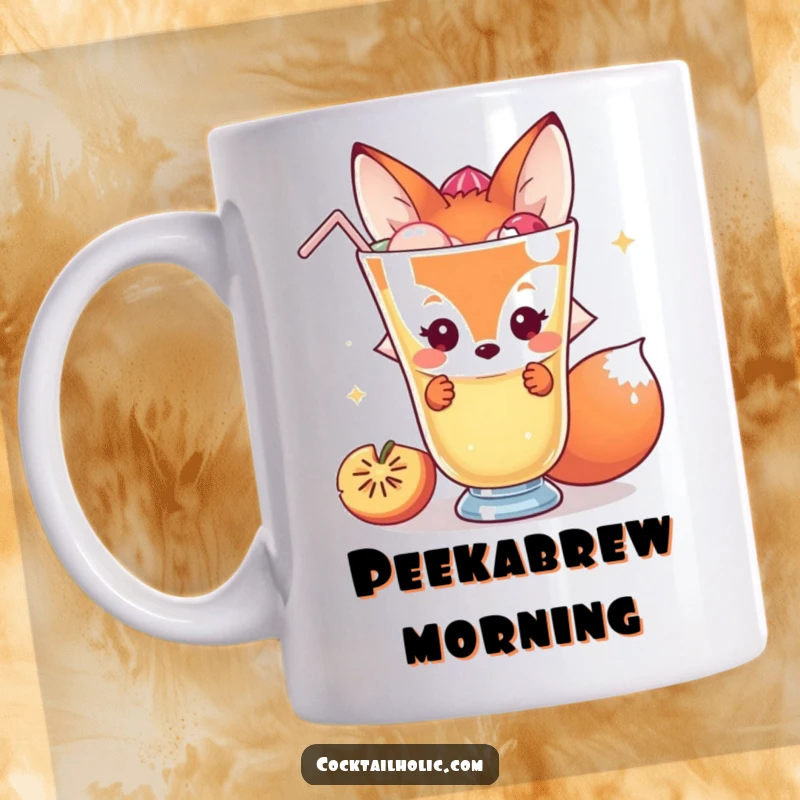 Funny fox mug with a shy character peeking from behind a giant cocktail, embodying subtle humor and a love for drinks.