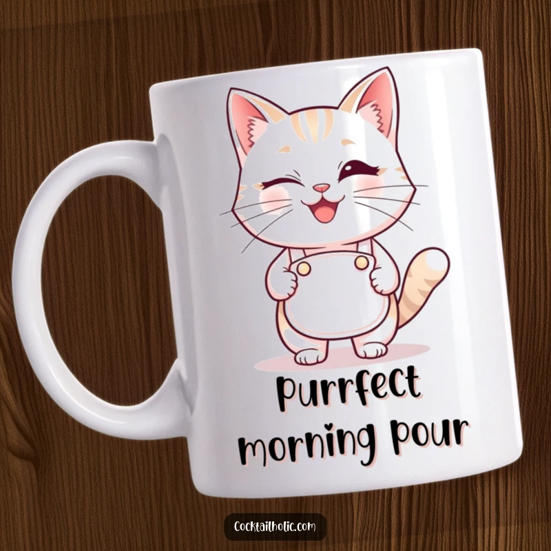 Funny smiling cat bartender mug winking, a cute and humorous gift for feline enthusiasts and drink lovers.