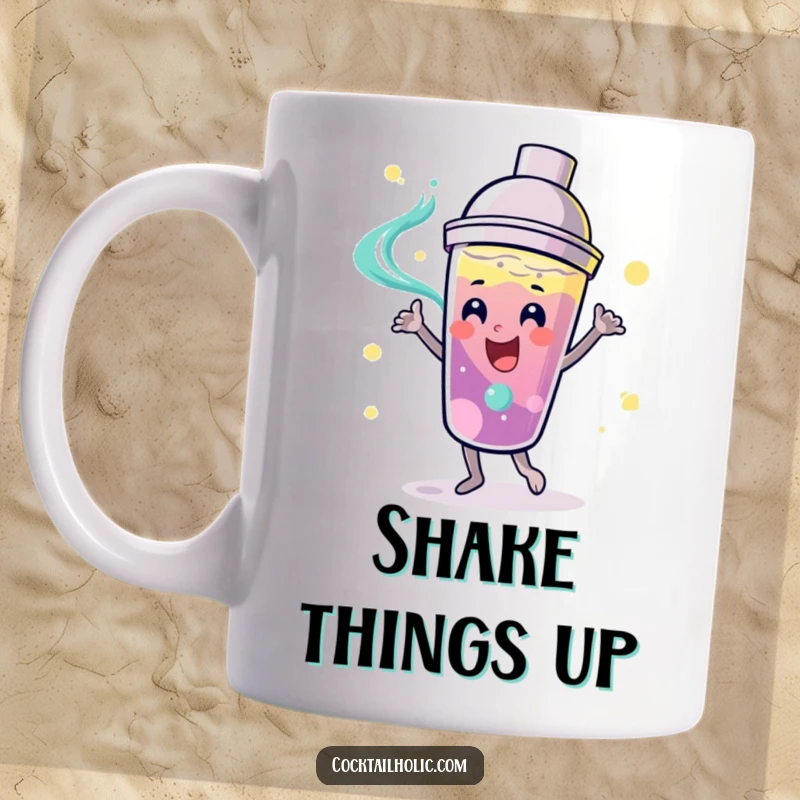 Funny playful cocktail shaker character with a smiling face, joyfully dancing with swirling liquid inside on this mug.