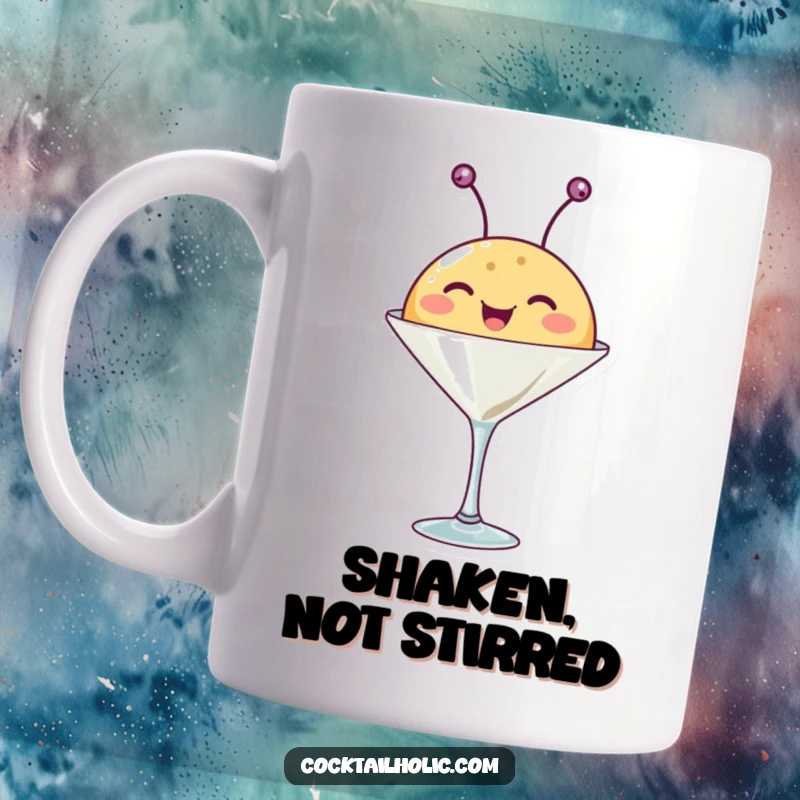 Funny mug with a happy, round creature whose antennae wiggle comically from a martini glass, a festive and humorous design.